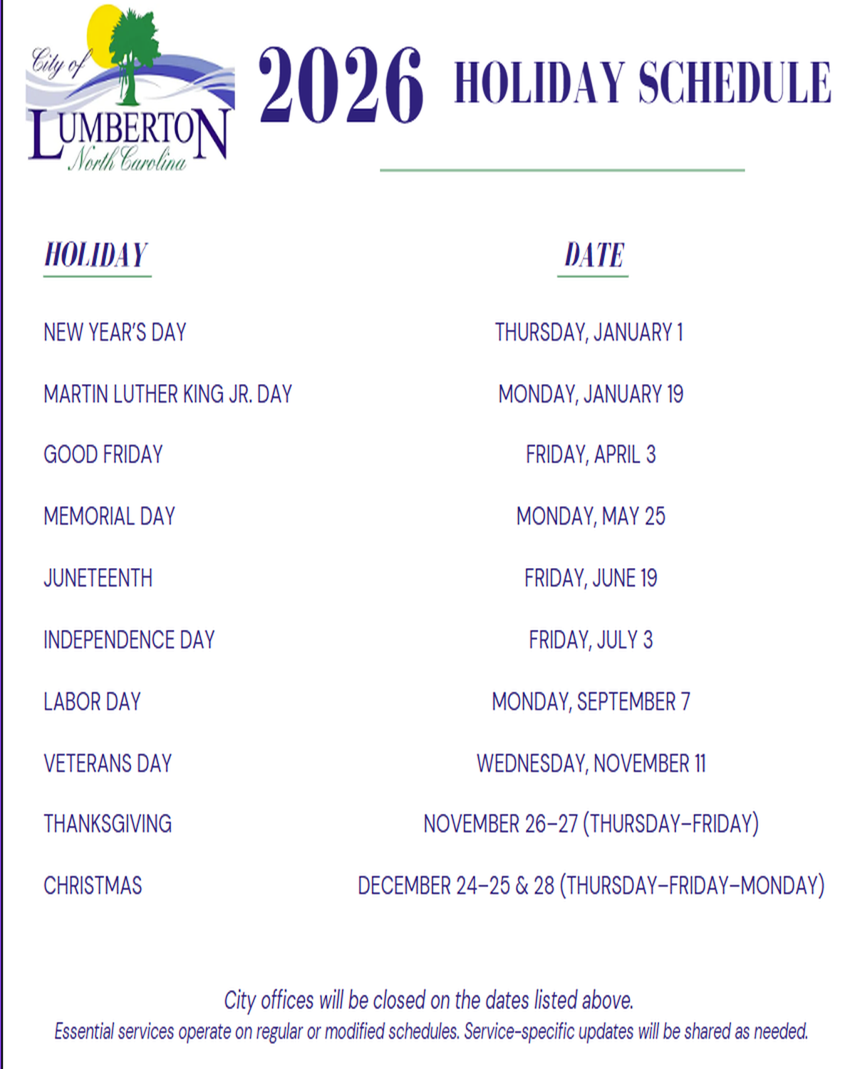 City_of_Lumberton_2026_Holiday_Schedule